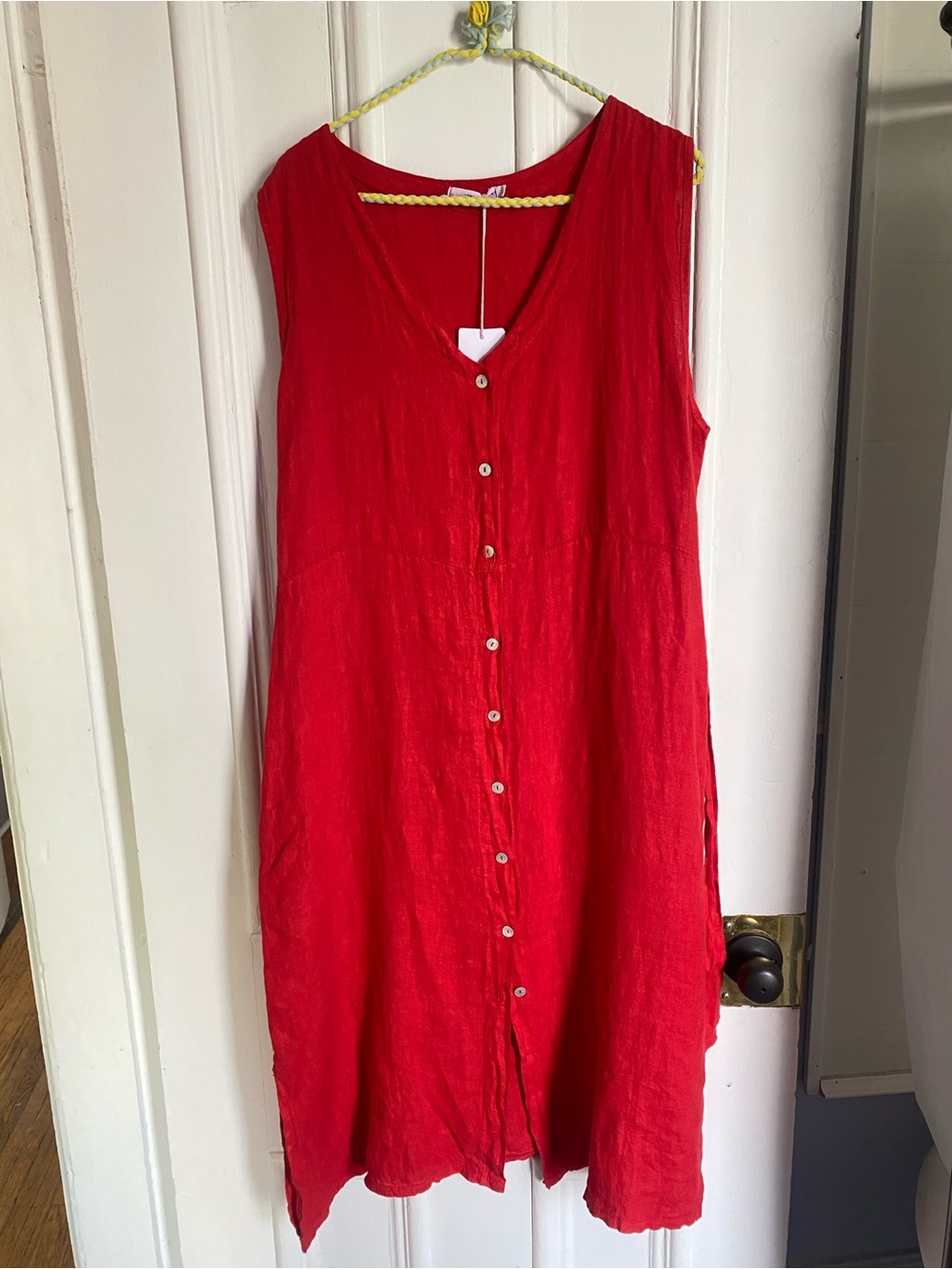NWT 100% Linen Sleeveless Red Button Up Shift Dress with Tie Belt
